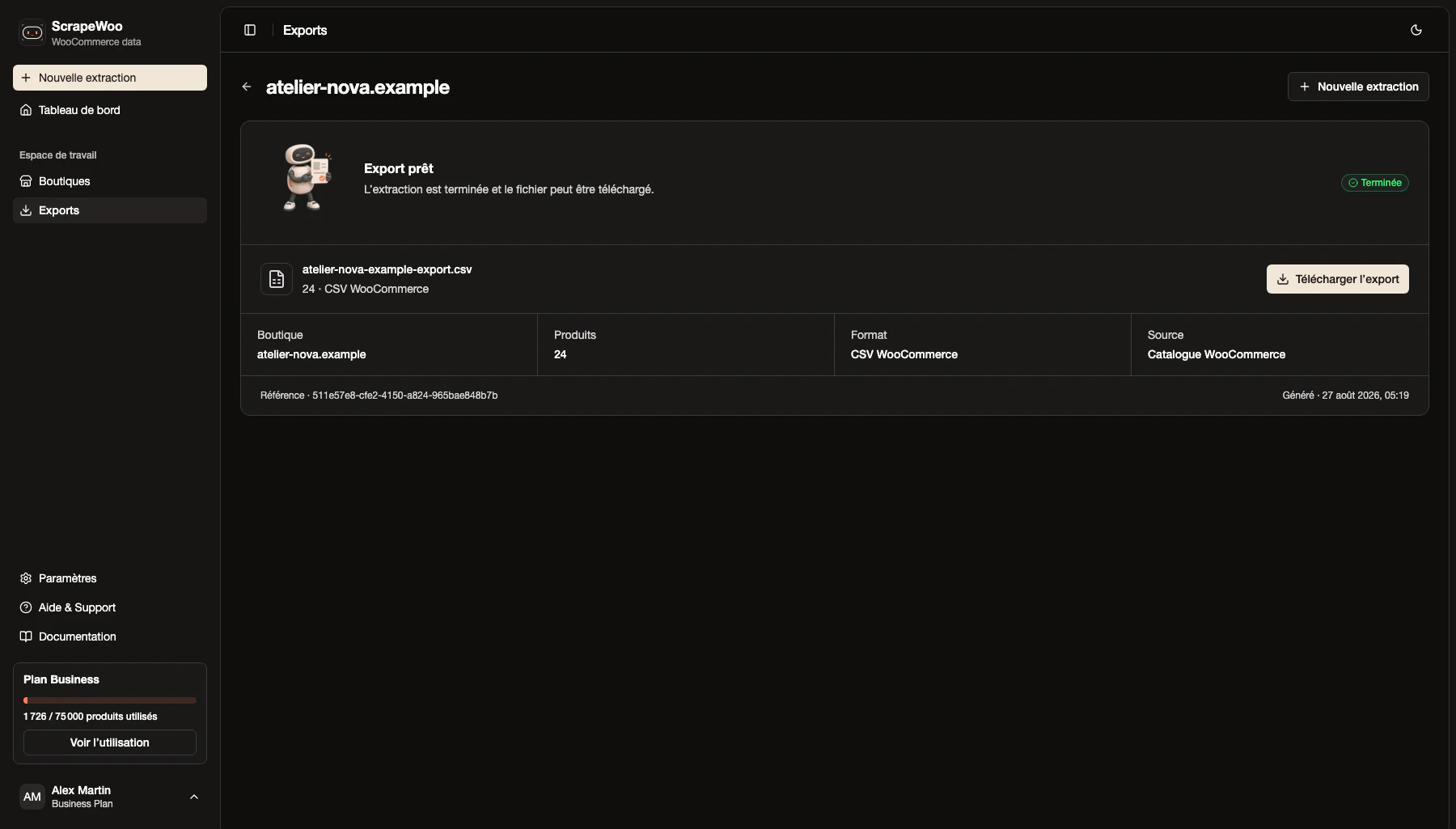 Écran d’export ScrapeWoo montrant un catalogue WooCommerce terminé et prêt à être téléchargé.