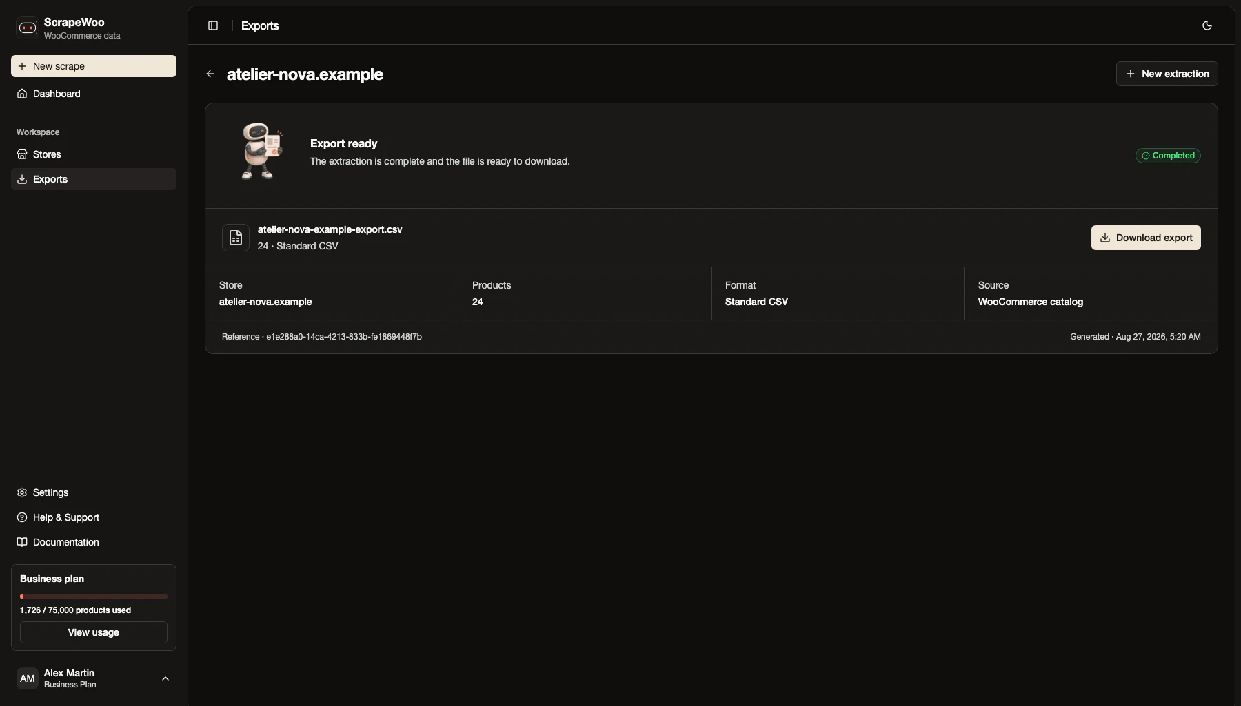 Completed standard CSV export in ScrapeWoo dark mode