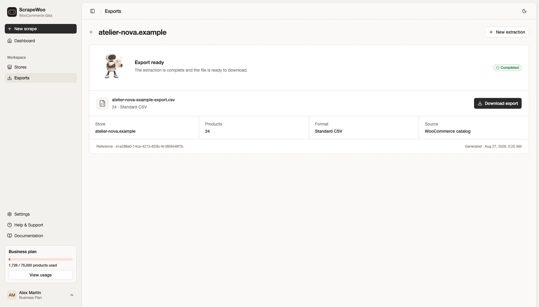 Completed ScrapeWoo standard CSV export ready to download