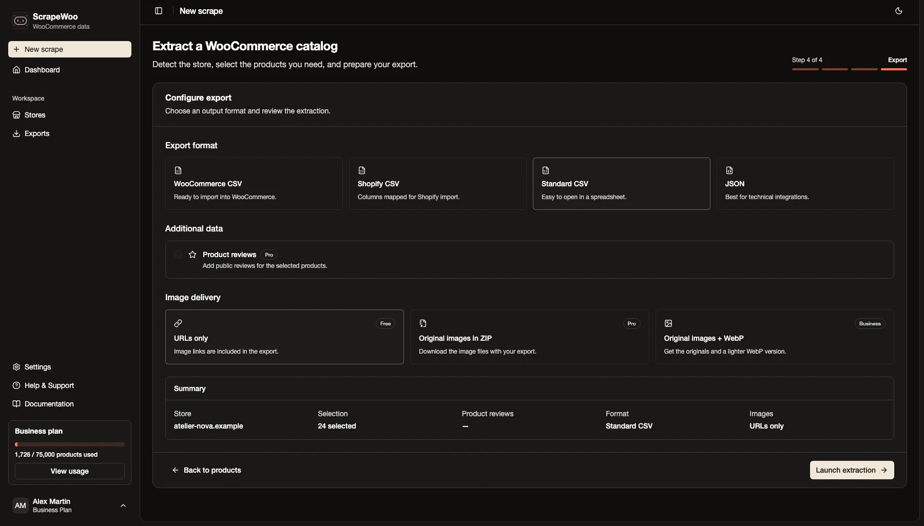 ScrapeWoo export format choices shown in dark mode