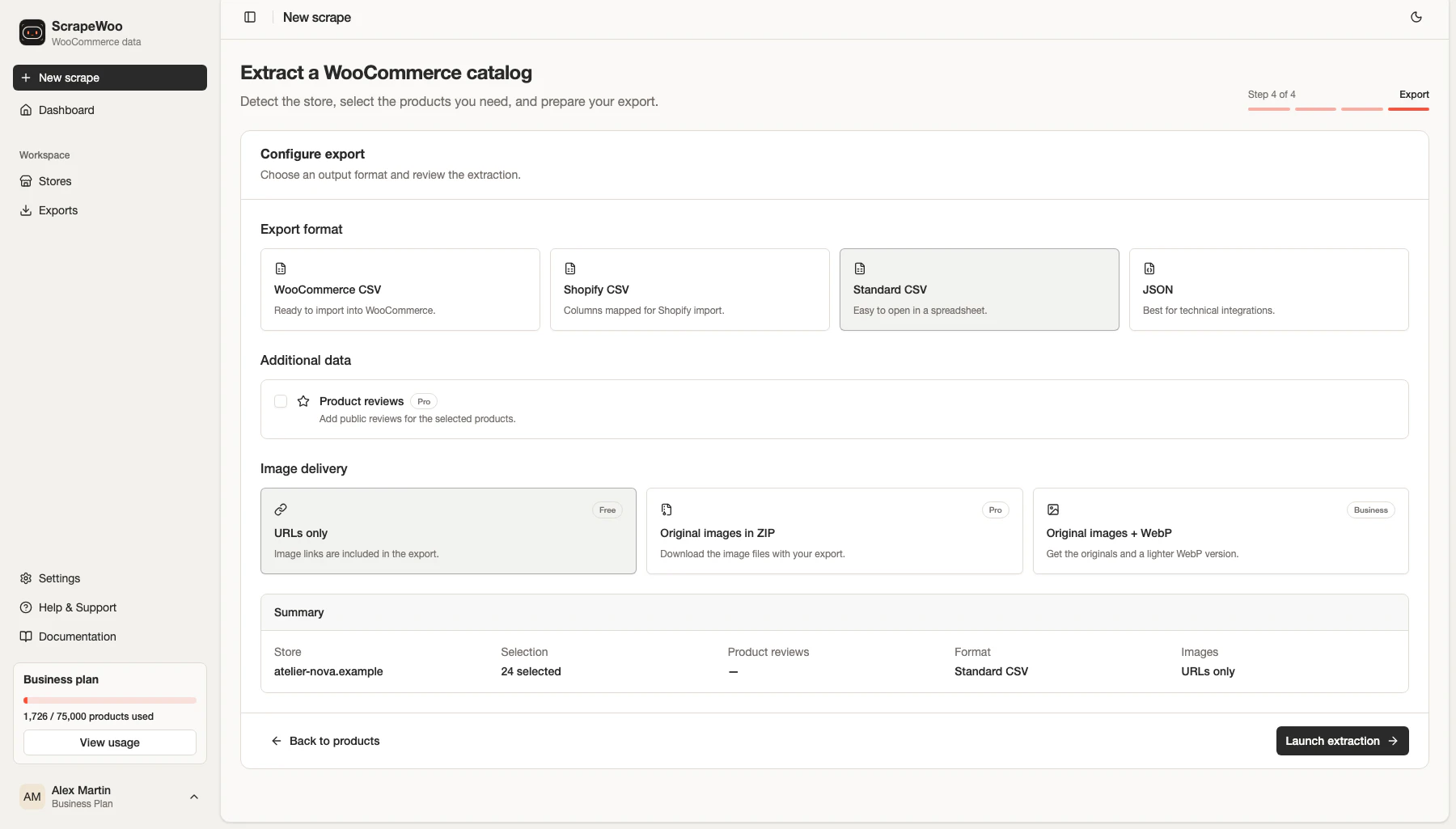 ScrapeWoo export configuration showing WooCommerce CSV, Shopify CSV, standard CSV and JSON choices