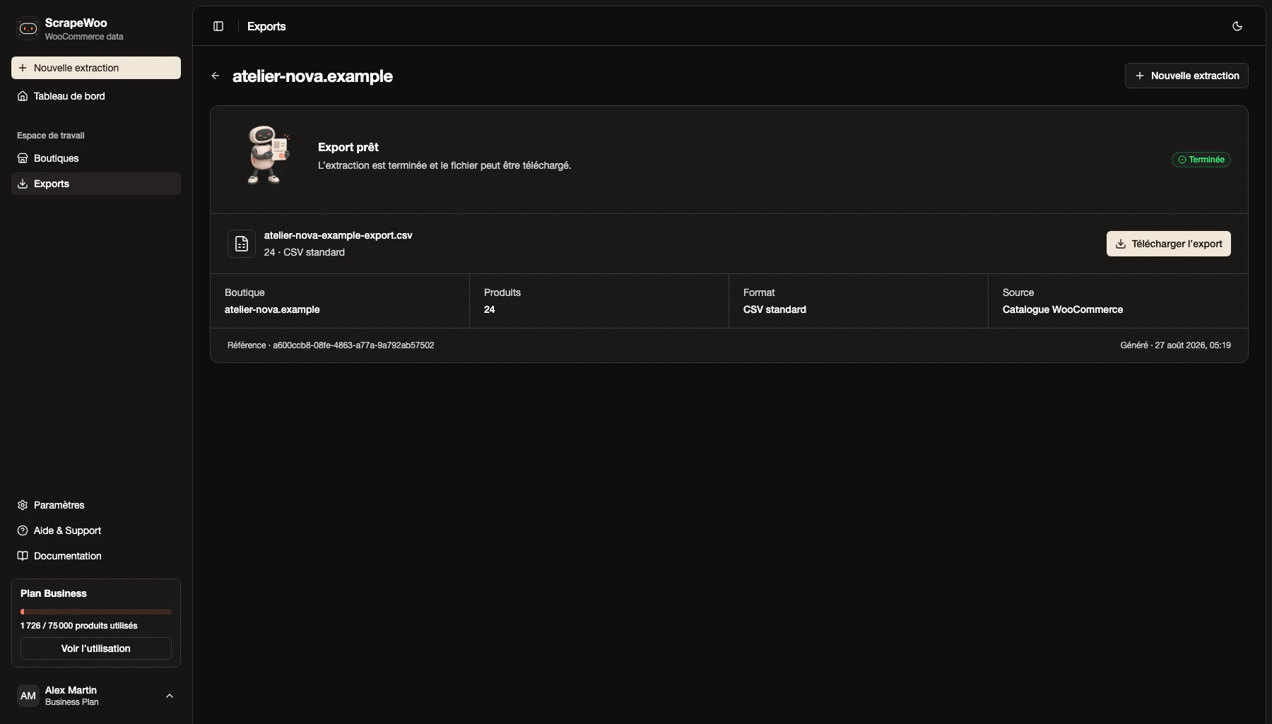 Export CSV standard terminé dans ScrapeWoo en thème sombre