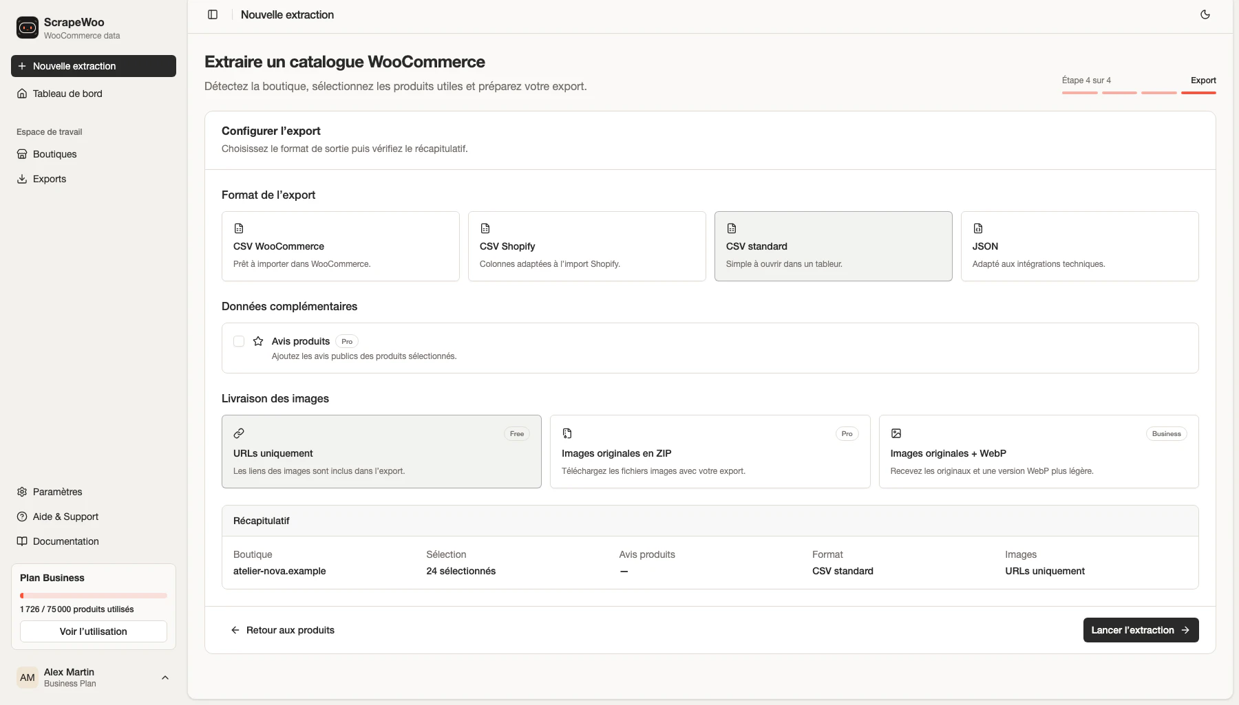 Configuration ScrapeWoo affichant les formats CSV WooCommerce, CSV Shopify, CSV standard et JSON