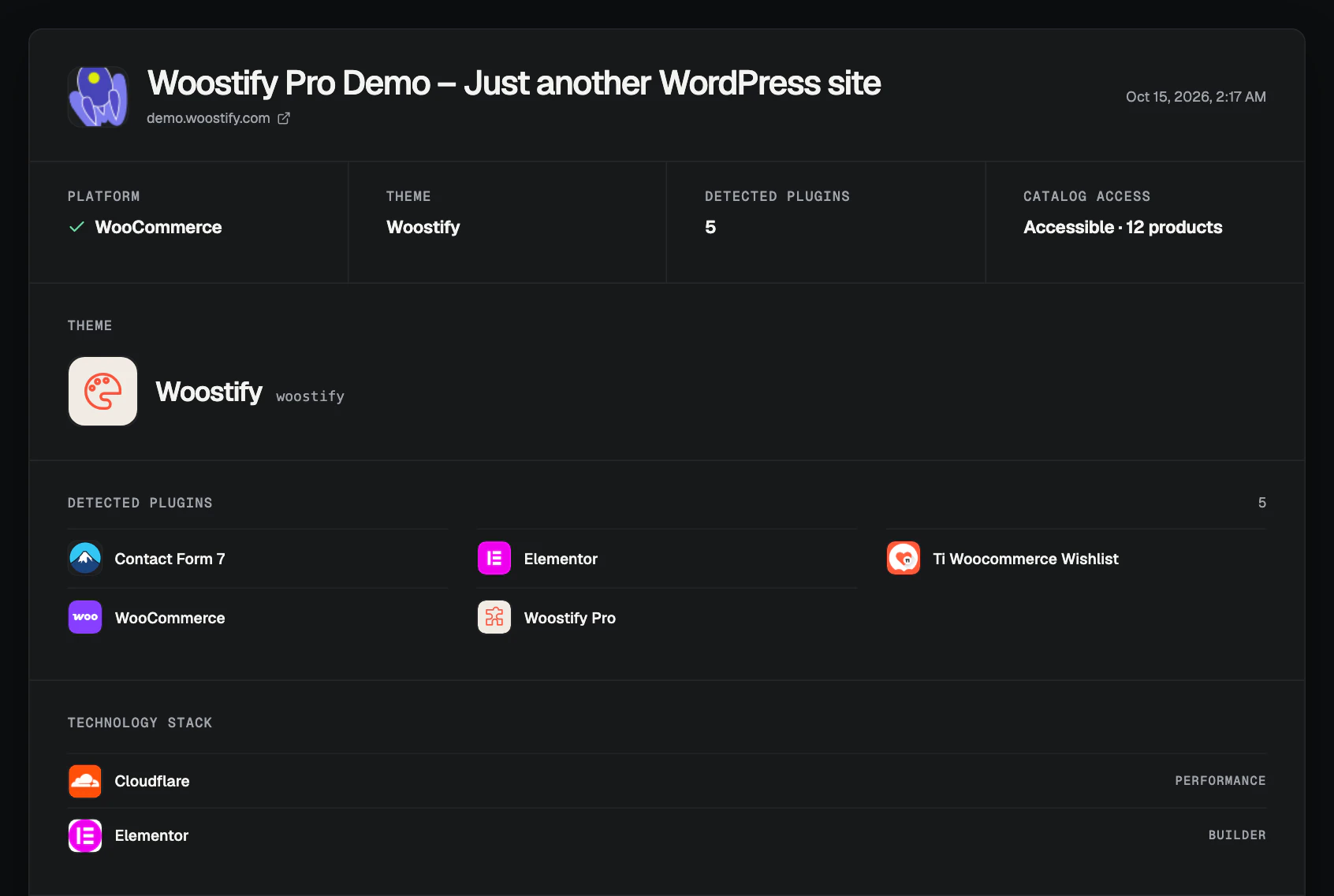 The same ScrapeWoo detector report for the Woostify demo store, in dark mode