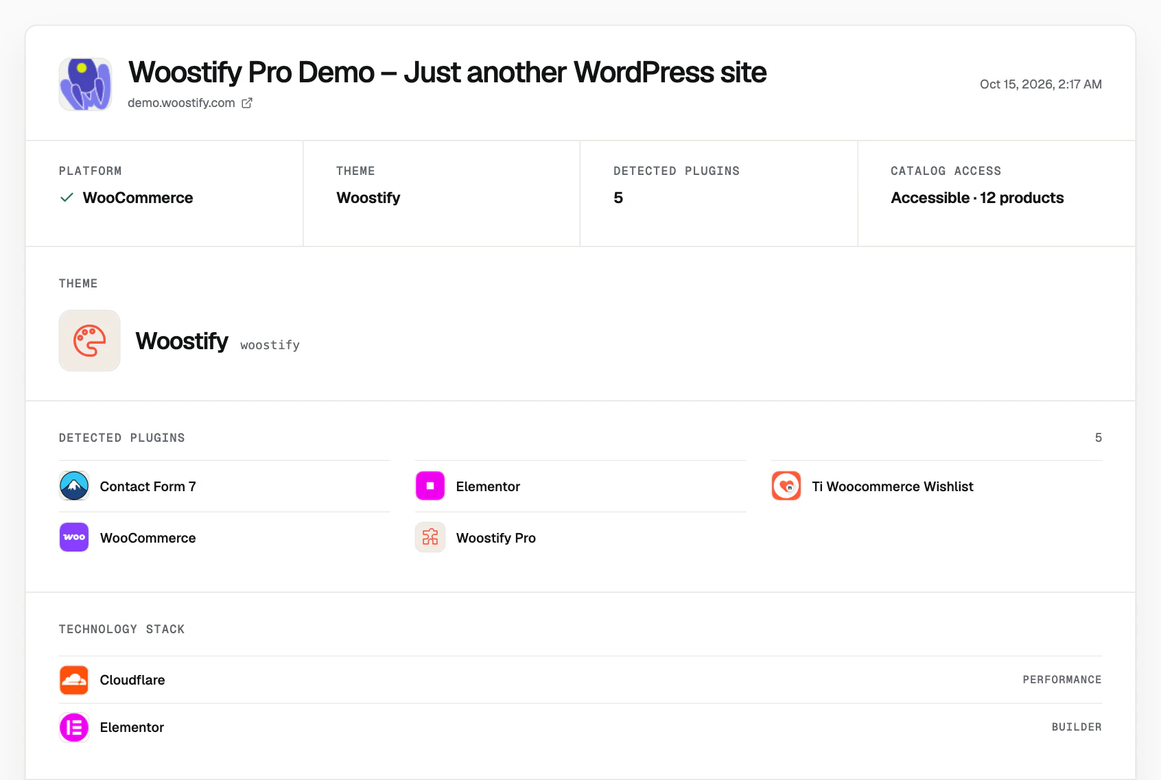 ScrapeWoo detector report for the Woostify demo store: platform WooCommerce, theme Woostify, 5 detected plugins, catalog accessible with 12 products