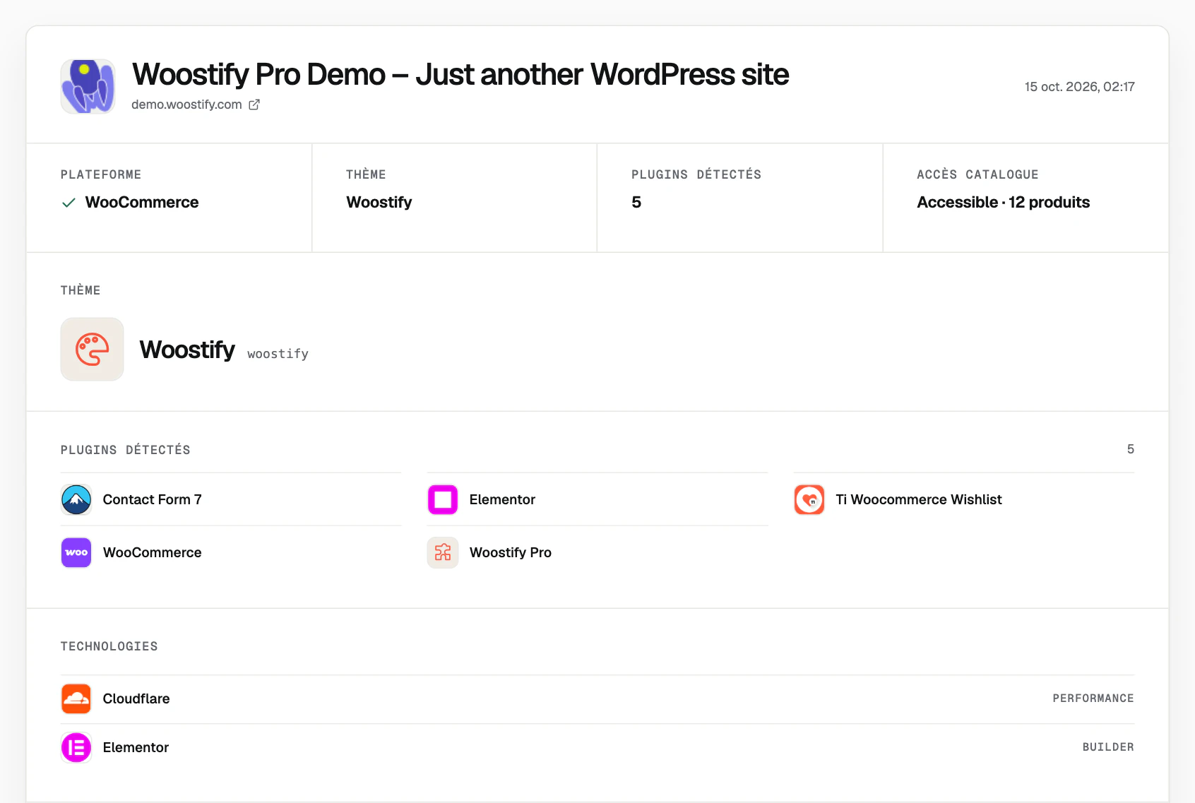 Rapport du détecteur ScrapeWoo pour la boutique de démonstration Woostify : plateforme WooCommerce, thème Woostify, 5 plugins détectés, catalogue accessible avec 12 produits