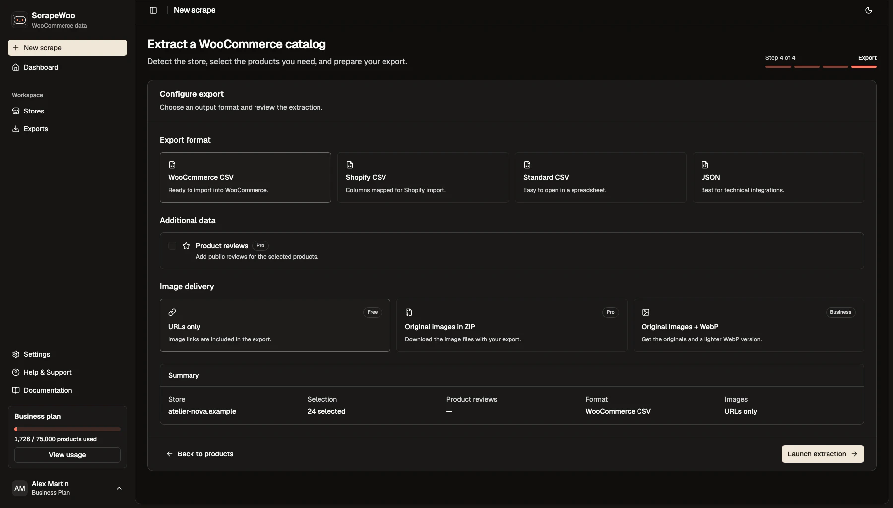 ScrapeWoo export step in dark mode with the WooCommerce CSV format selected