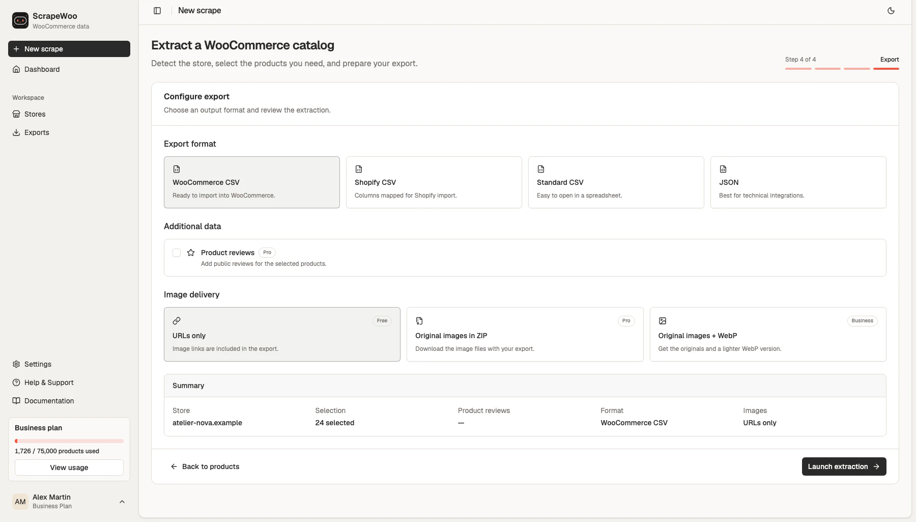 ScrapeWoo export step with the WooCommerce CSV format selected for 24 products of the demo catalog
