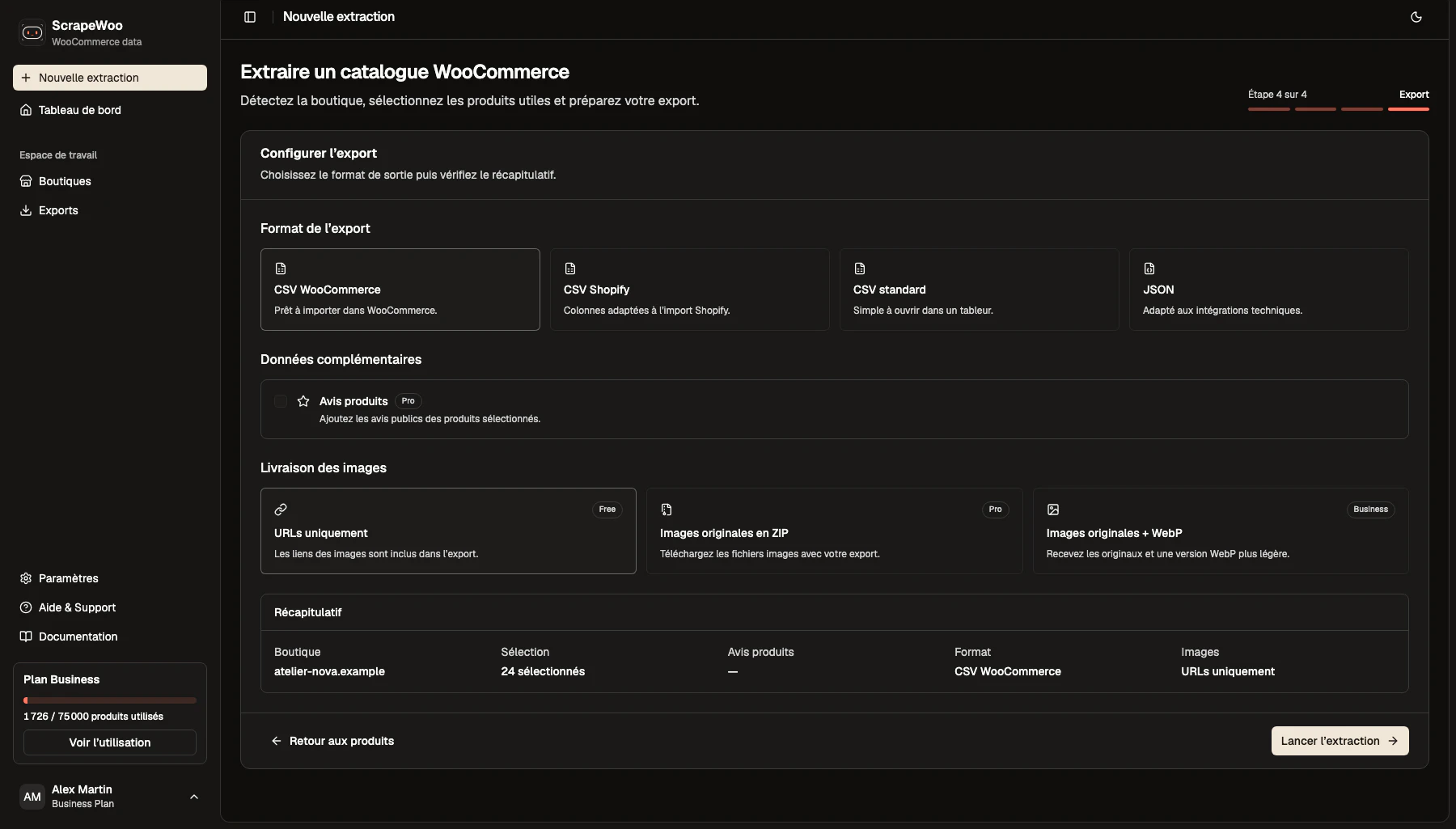 Étape d'export de ScrapeWoo en thème sombre avec le format CSV WooCommerce sélectionné
