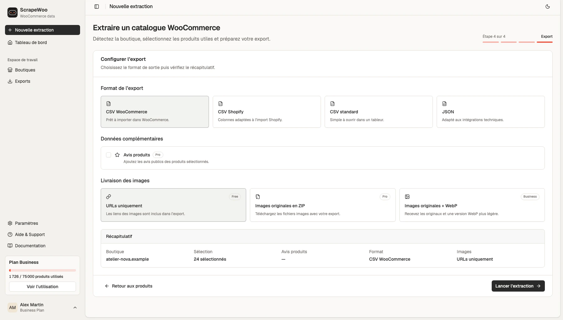 Étape d'export de ScrapeWoo avec le format CSV WooCommerce sélectionné pour 24 produits du catalogue de démonstration