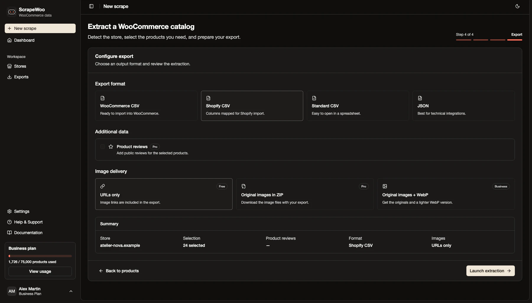 ScrapeWoo Shopify CSV export configuration shown in dark mode