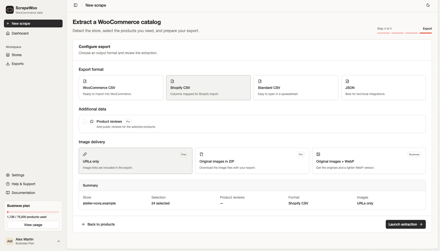 ScrapeWoo export configuration with Shopify CSV selected for 24 WooCommerce products