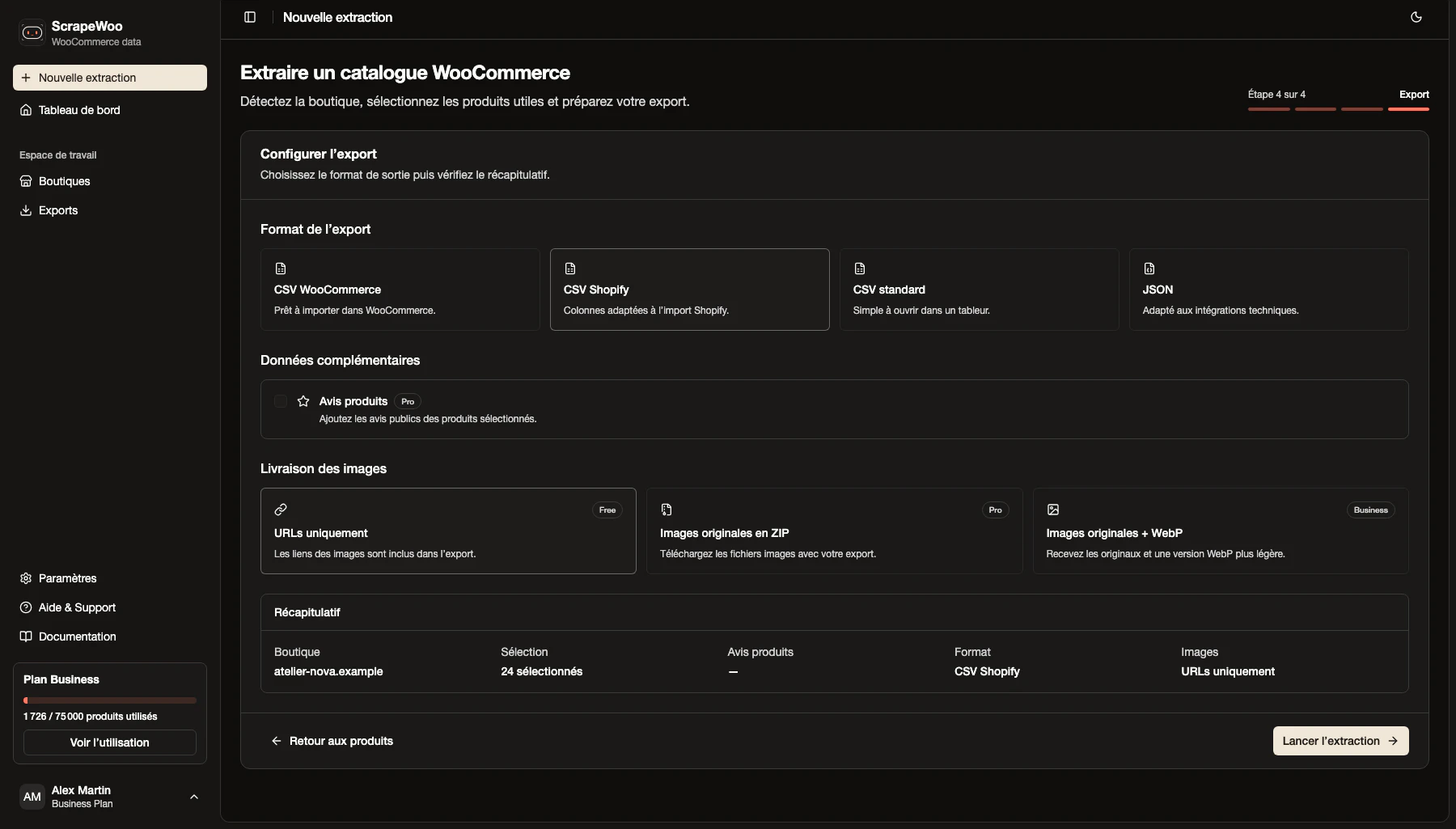 Configuration de l'export CSV Shopify dans ScrapeWoo en thème sombre