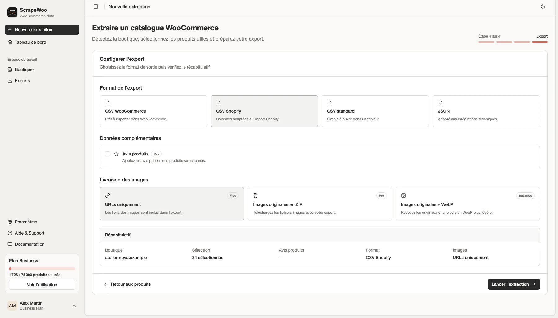 Configuration d'un export ScrapeWoo avec le format CSV Shopify sélectionné pour 24 produits WooCommerce