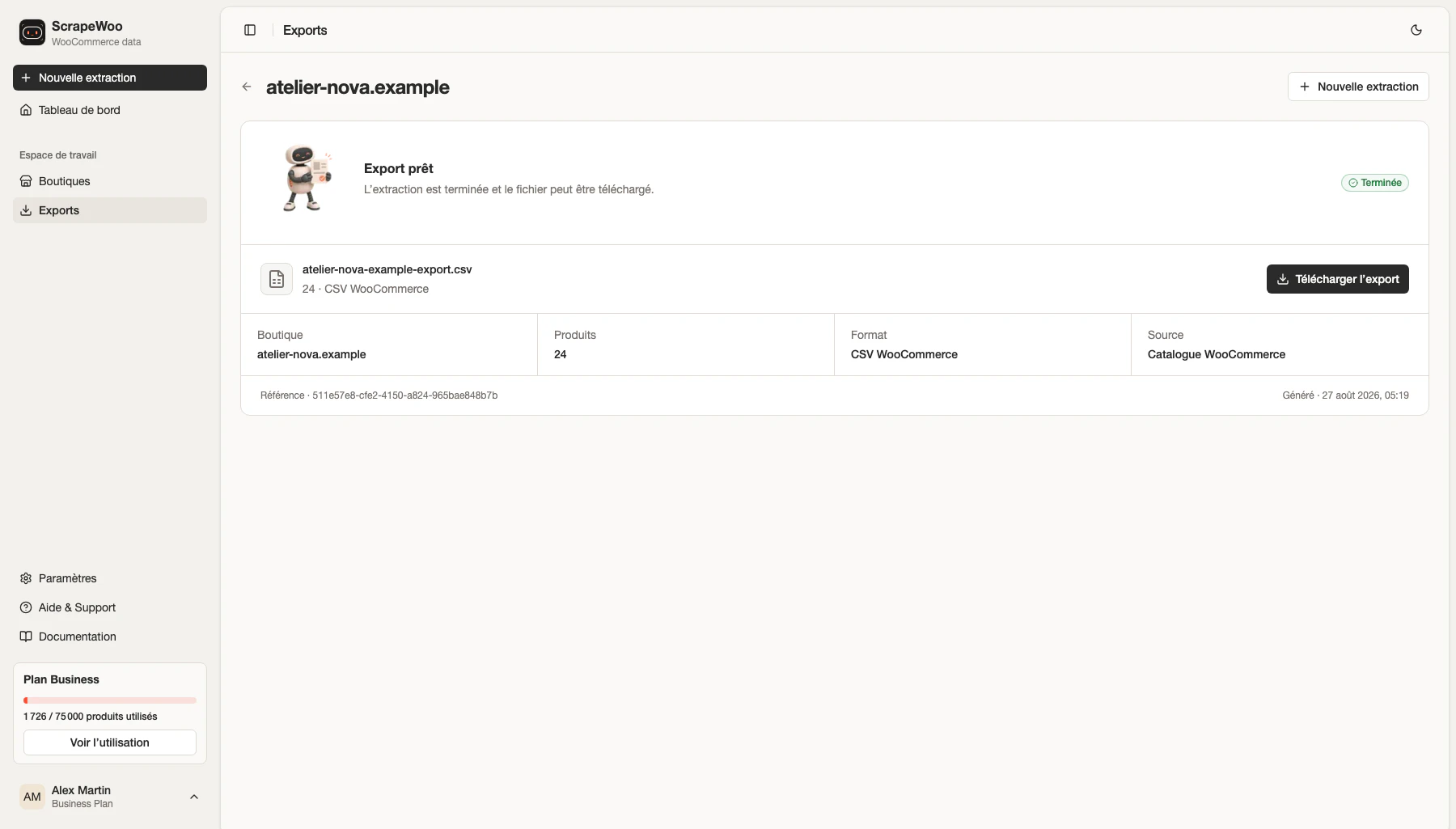 Export ScrapeWoo terminé avec le bouton de téléchargement visible